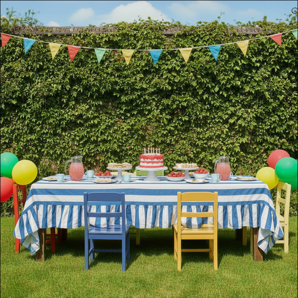 Riviera Sky Blue Striped Rectangle Tablecloth Ruffle