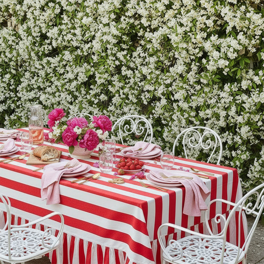 Riviera Candy Cane Red Striped Rectangle Tablecloth Ruffle