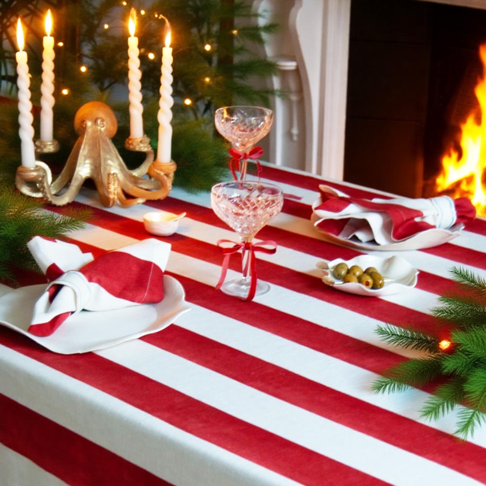 Riviera Candy Cane Red Striped Cotton Rectangle Tablecloth Ruffle