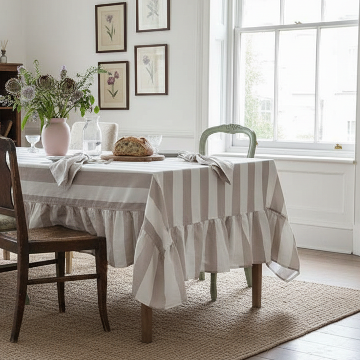 Riviera Mocha Striped Rectangle Tablecloth Ruffle