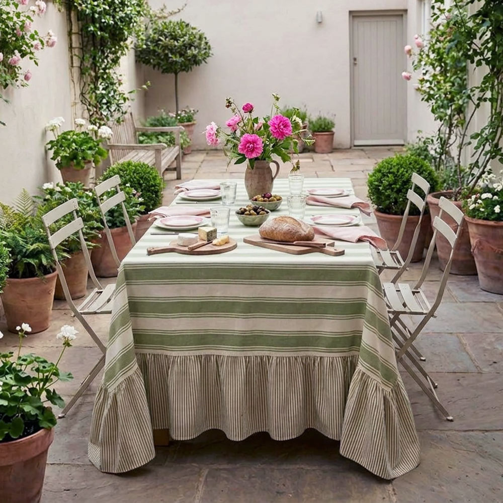 Ruffled Organic Cotton Tablecloth – Oliva Verde Stripe