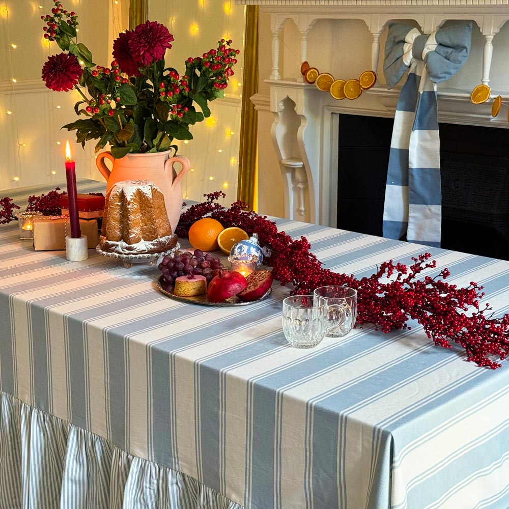 Murano Stripe Organic Ruffled Cotton Tablecloth - Azzure Drift