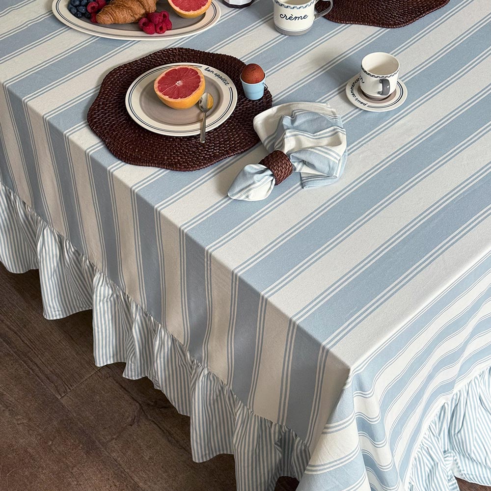 Murano Stripe Organic Ruffled Cotton Tablecloth - Azzure Drift