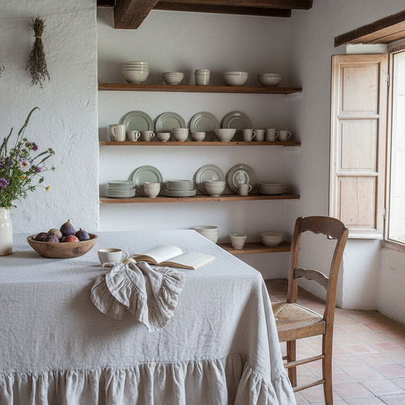 Mistral Drape Ruffled Linen Tablecloth: Brume (Natural)