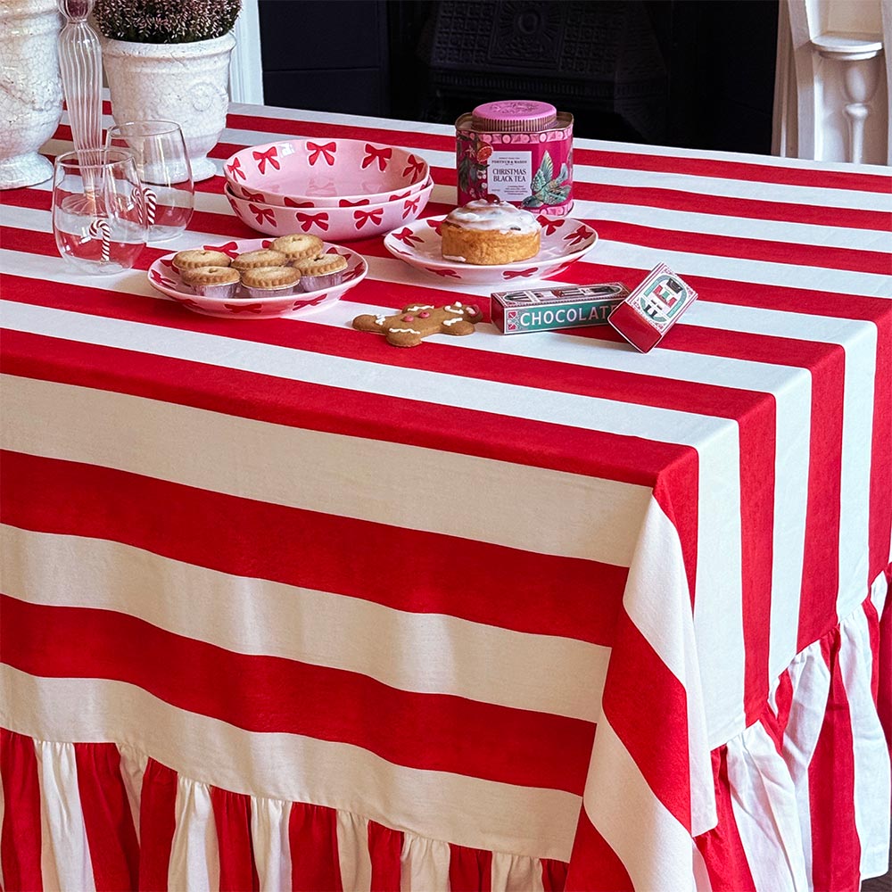 Riviera Candy Cane Red Striped Cotton Rectangle Tablecloth Ruffle