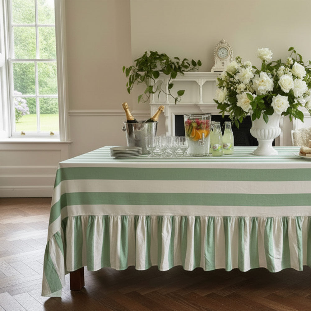 Riviera Winter Mint Striped Rectangle Tablecloth Ruffle