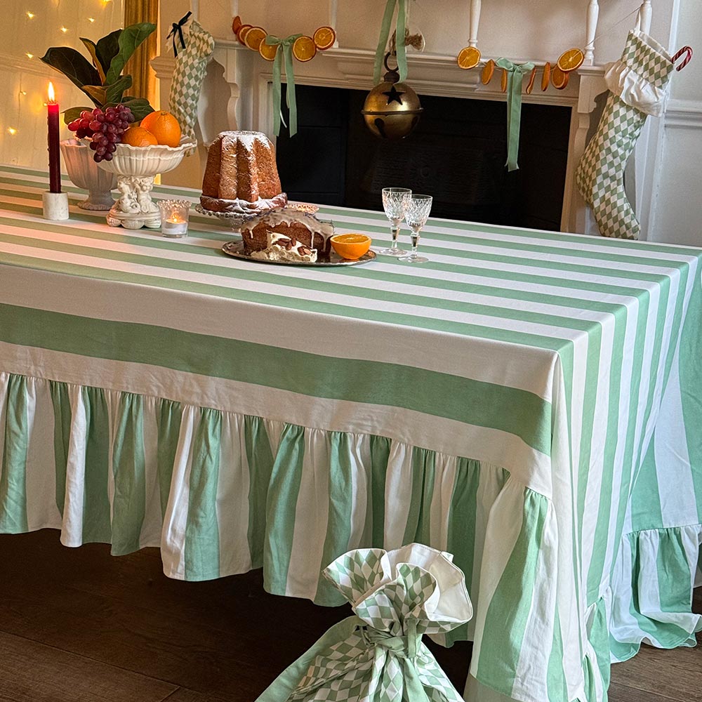 Riviera Winter Mint Striped Rectangle Tablecloth Ruffle