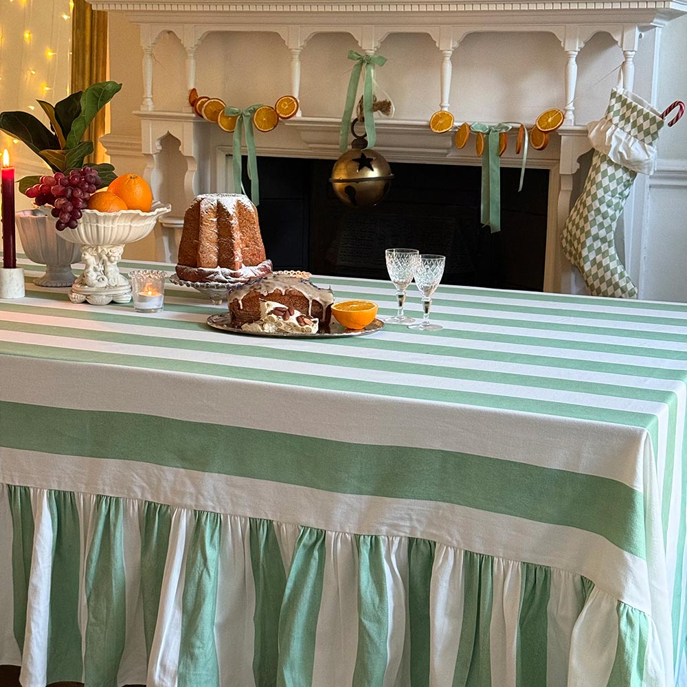 Riviera Winter Mint Striped Rectangle Tablecloth Ruffle