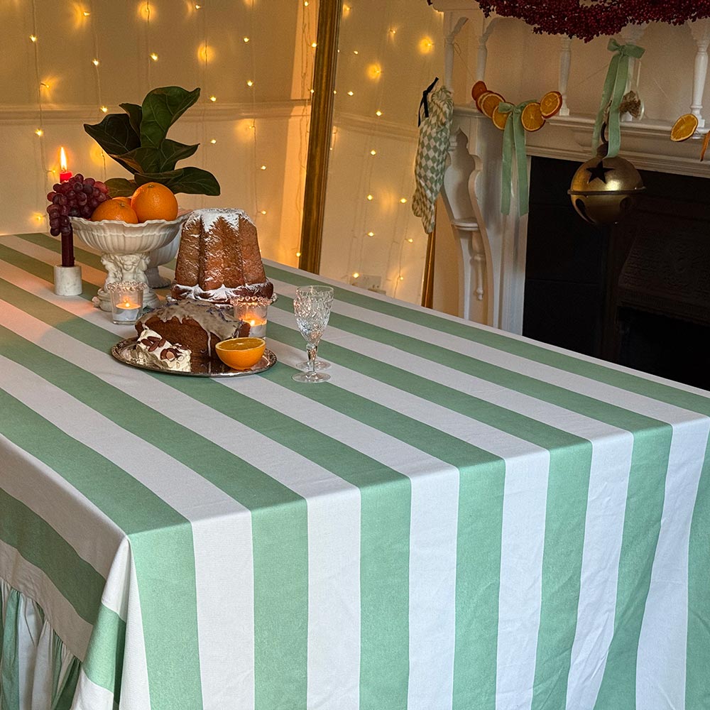 Riviera Winter Mint Striped Rectangle Tablecloth Ruffle