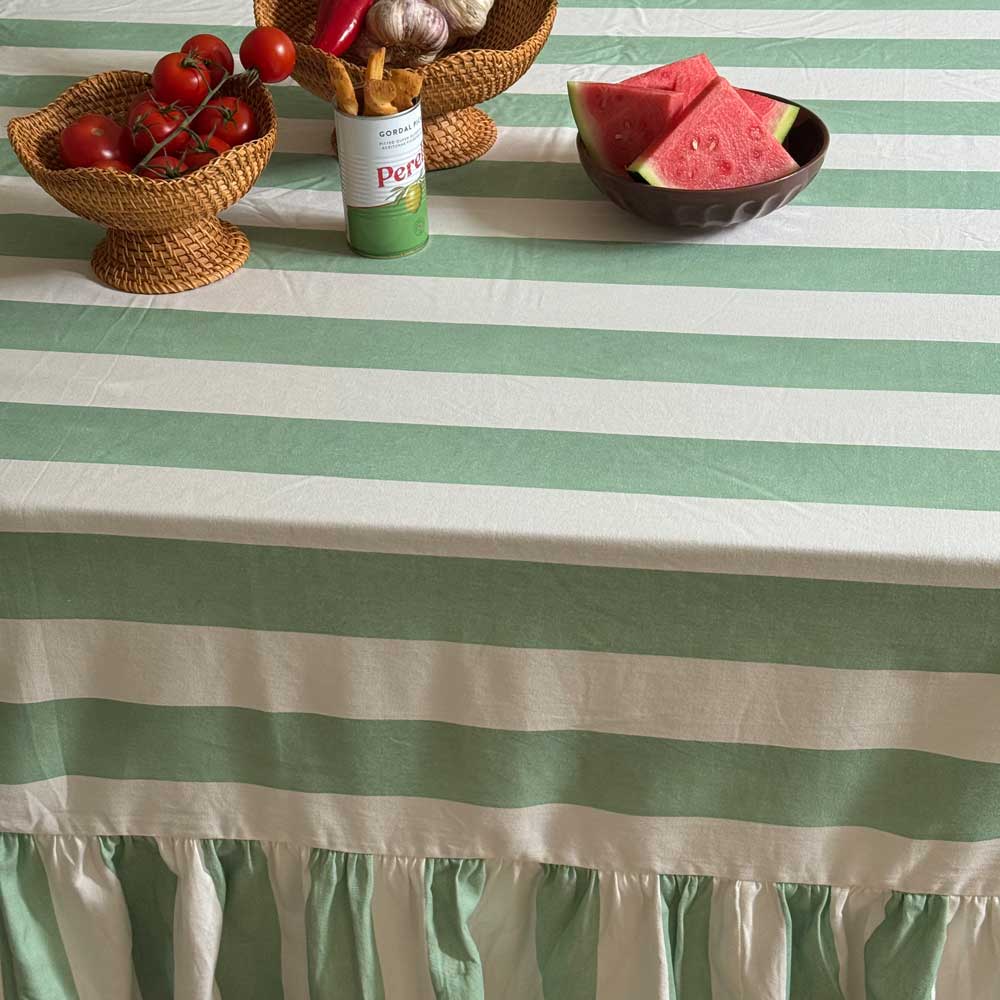 Riviera Sage Striped Rectangle Tablecloth Ruffle