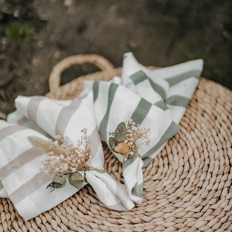 Sage Striped Linen Napkin: 4 Set