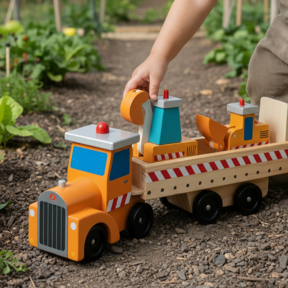Child playing with a toy truck on a plain background