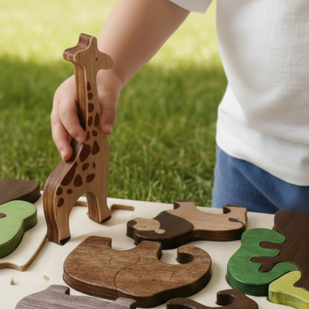 Child playing with wooden animal puzzle on a light surface