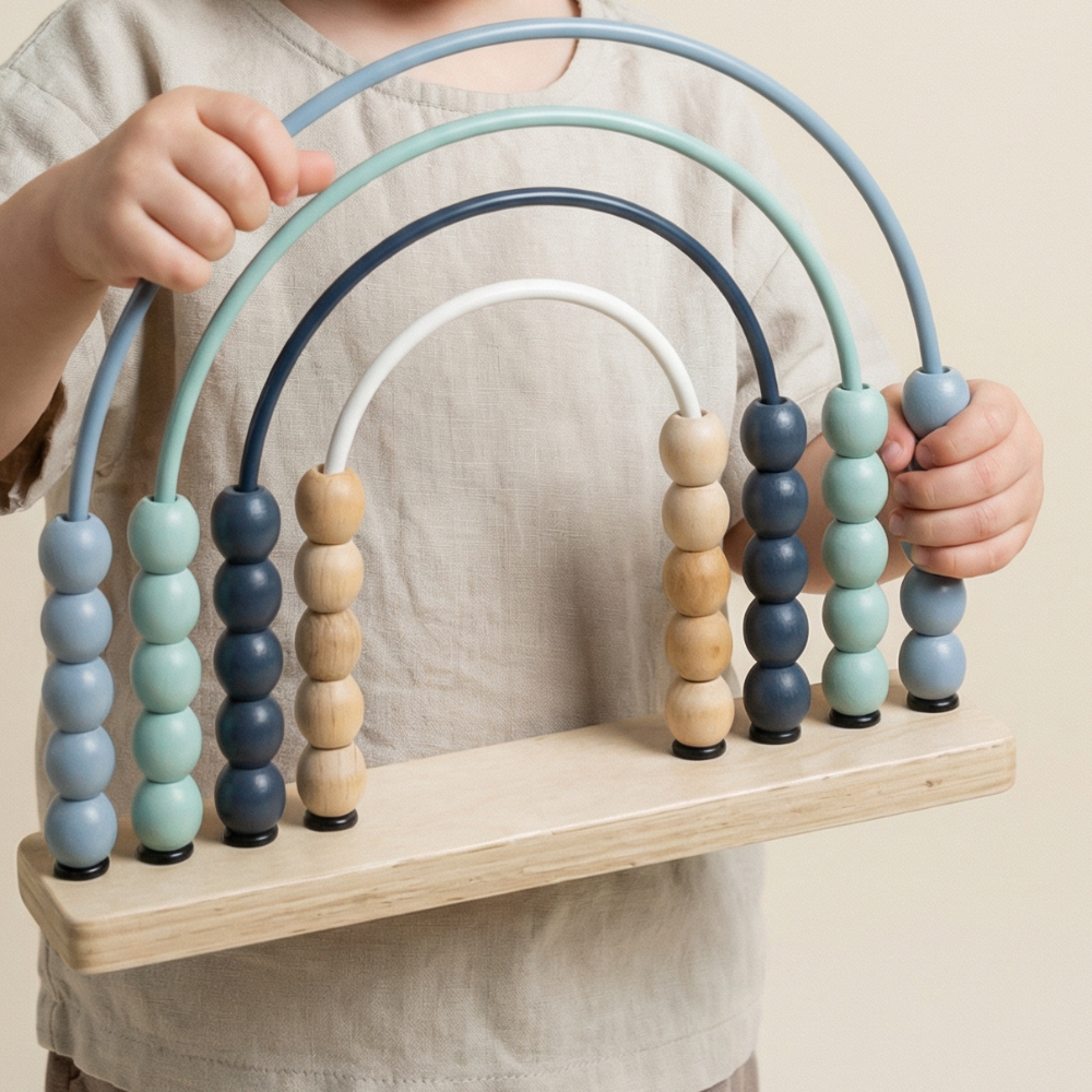 Child holding a wooden rainbow abacus toy against a beige background