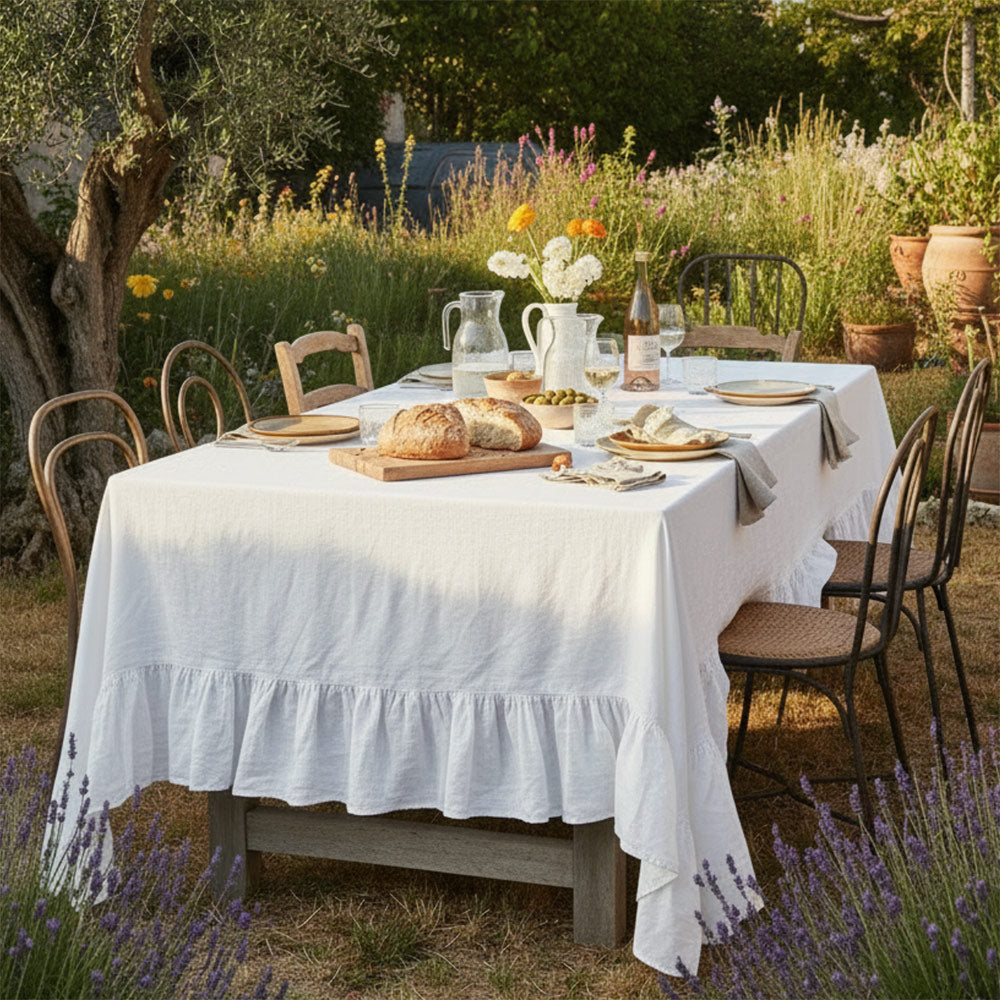 Mistral Drape Ruffled Linen Tablecloth: Voile (White)