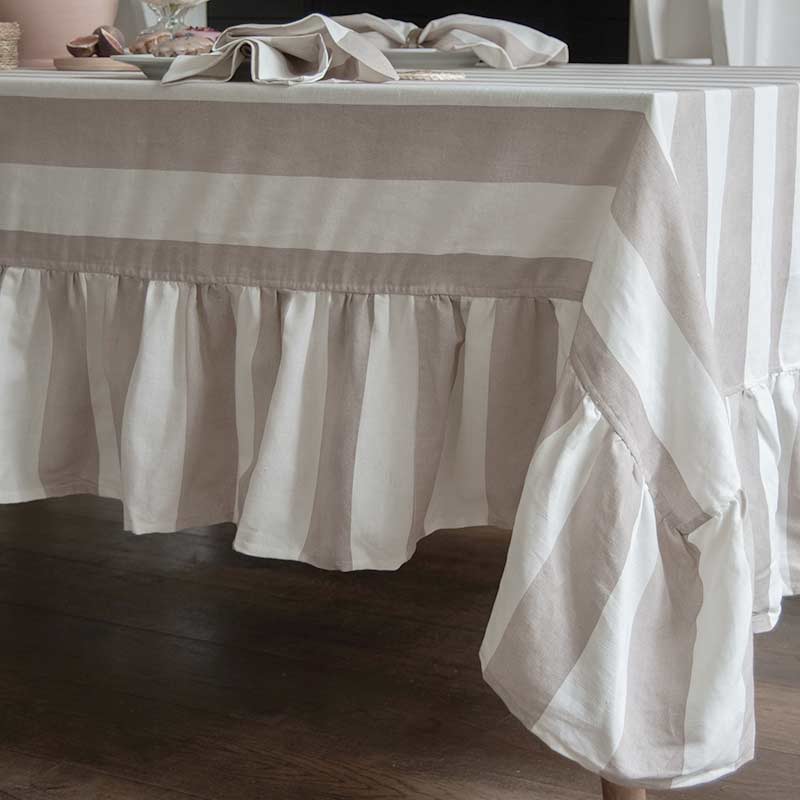 Riviera Mocha Striped Rectangle Tablecloth Ruffle