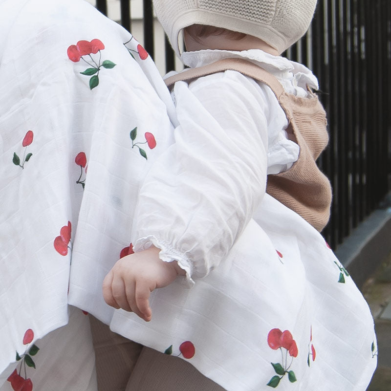 100% organic muslin swaddles & squares are lightweight, breathable, and made with no nasties, which makes them beautifully soft, & cuddly - Cherry design hand painted Evie & Skye