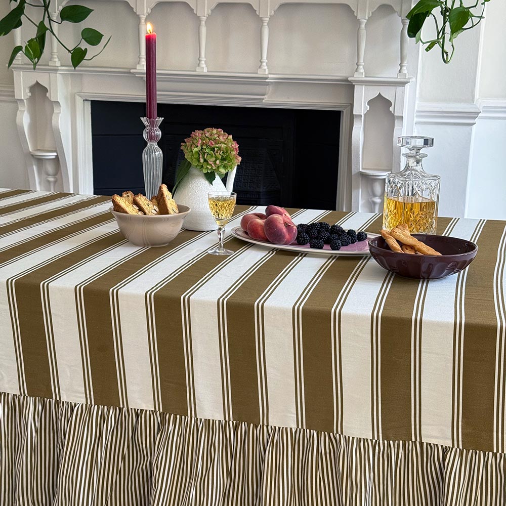 Murano Stripe Organic Ruffled Cotton Tablecloth - Bronzed Oak