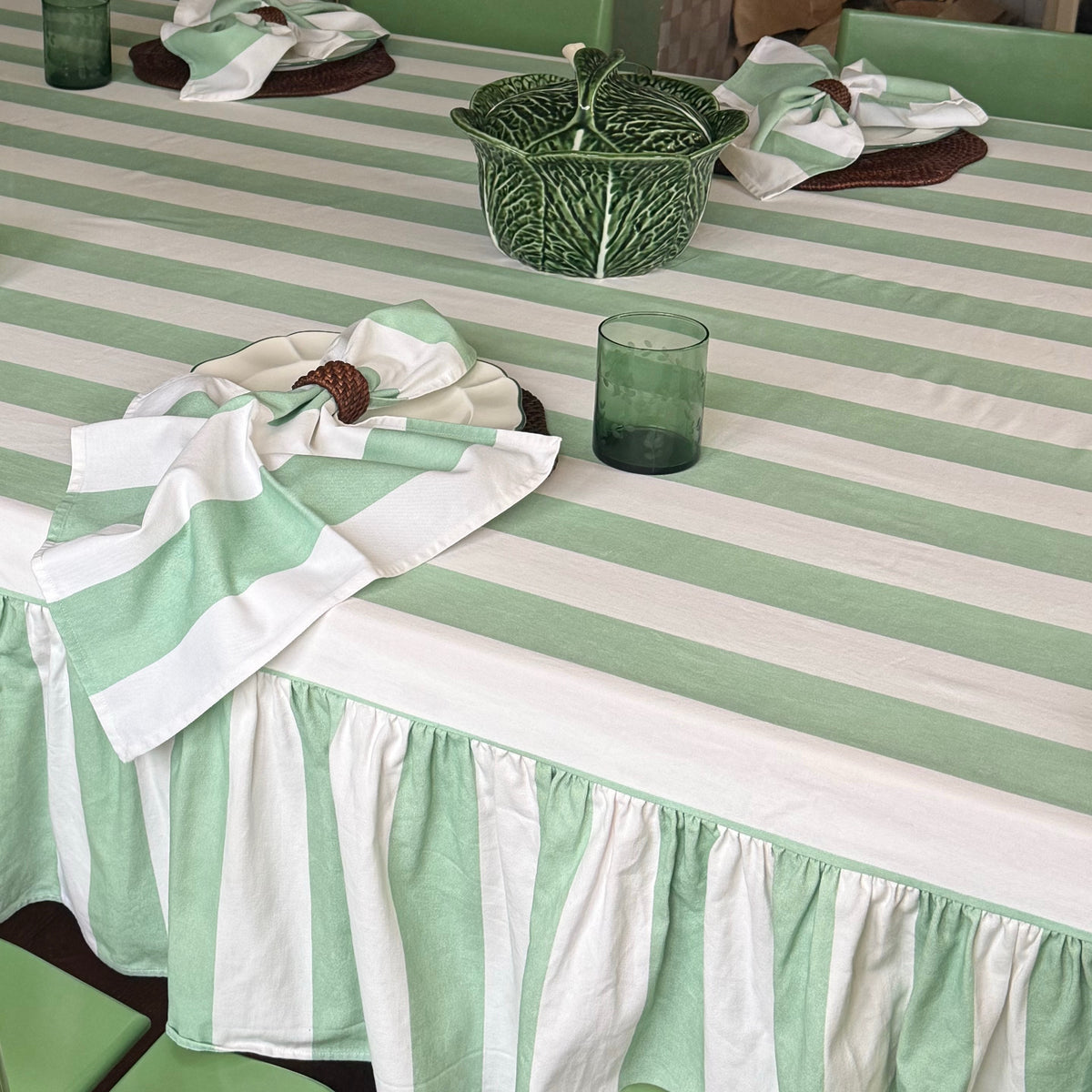 Riviera Ruffled Striped Tablecloth – Winter Mint