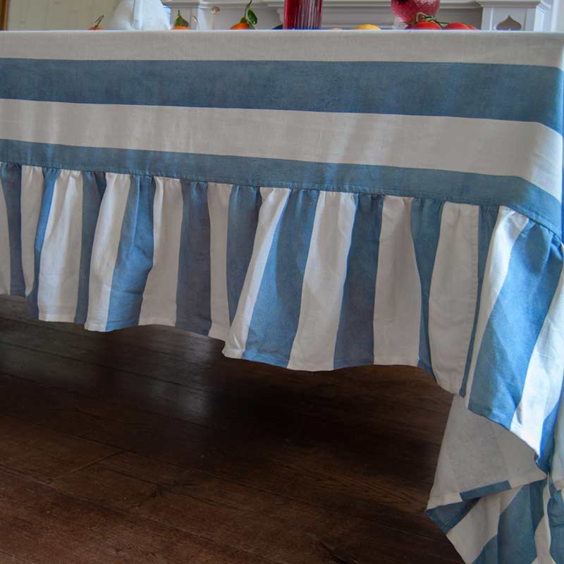 Riviera Blue Striped Rectangle Tablecloth Ruffle
