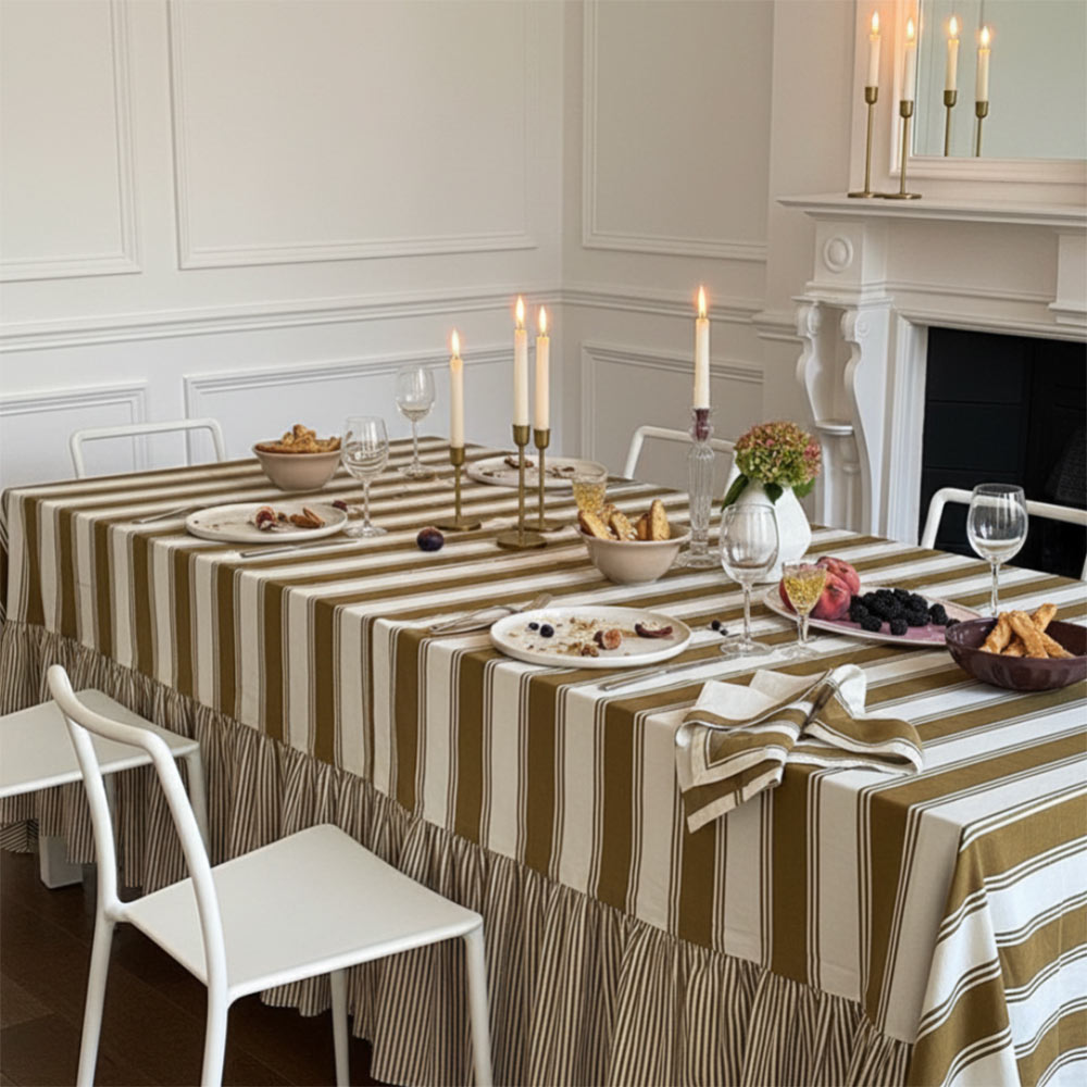 Ruffled Organic Cotton Tablecloth – Bronzed Oak Stripe