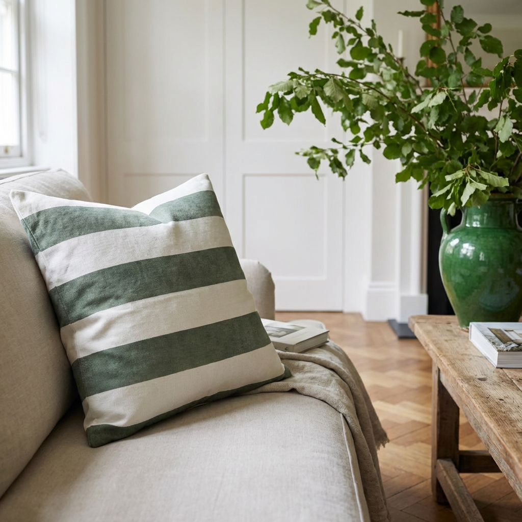 Riviera Striped Linen Cushion - Sage