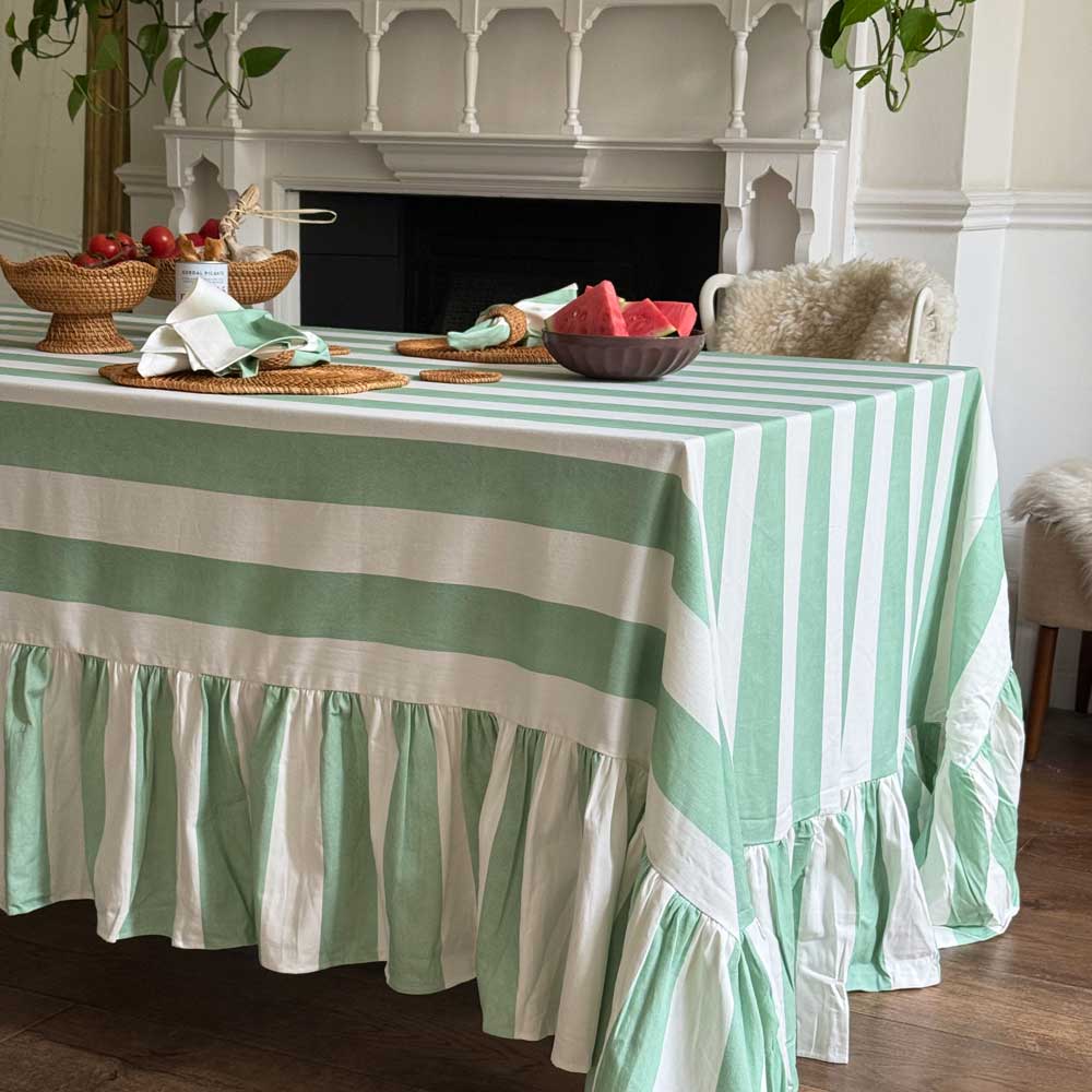 Riviera Sage Striped Rectangle Tablecloth Ruffle
