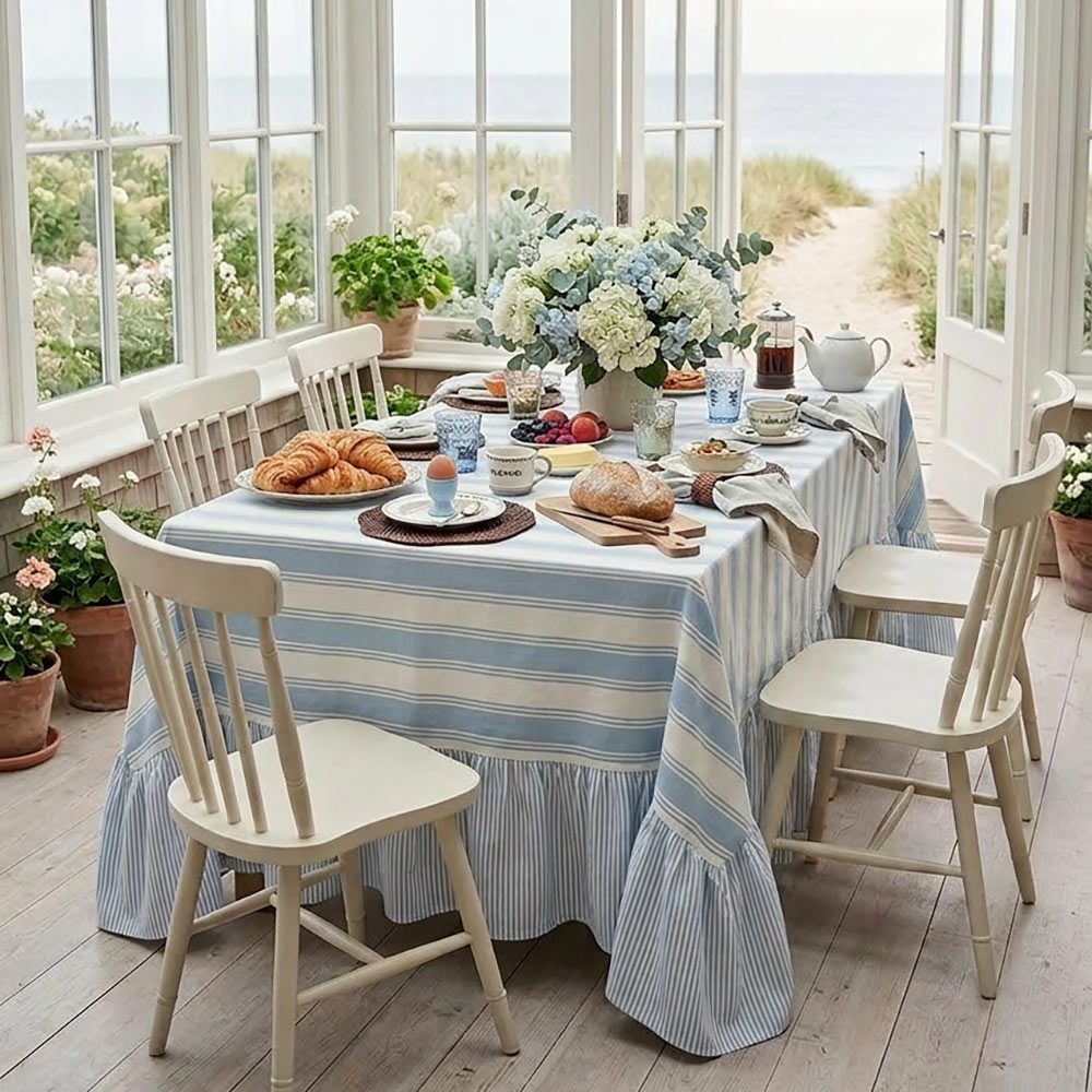 Ruffled Organic Cotton Tablecloth – Azzure Drift Stripe