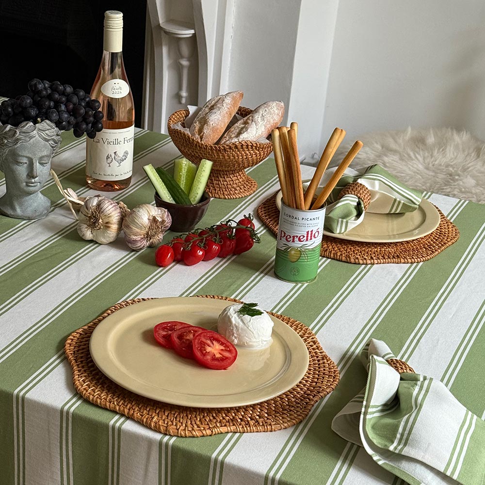 Murano Stripe Organic Ruffled Cotton Tablecloth - Oliva Verde