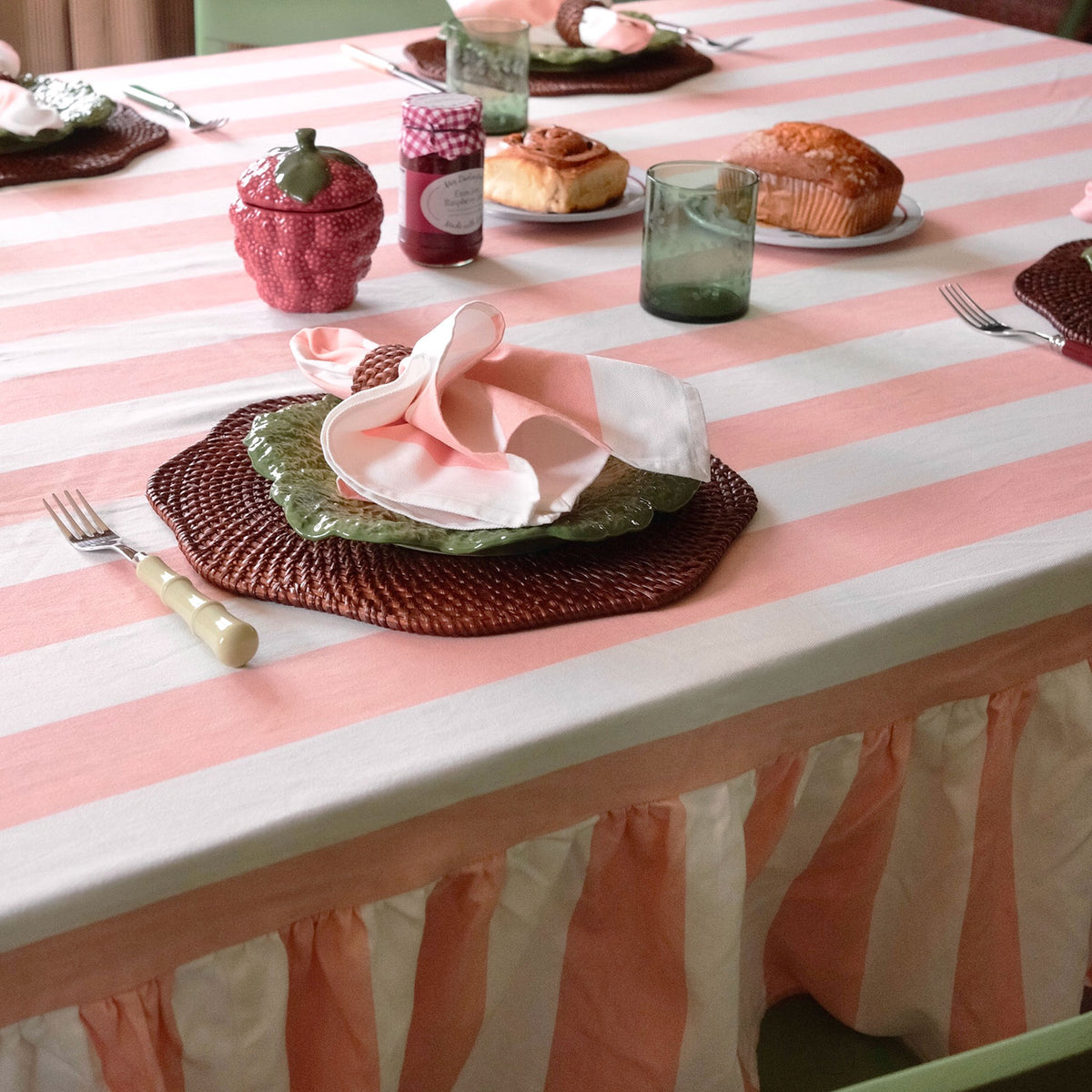 Riviera Ruffled Striped Tablecloth – Petal Pink