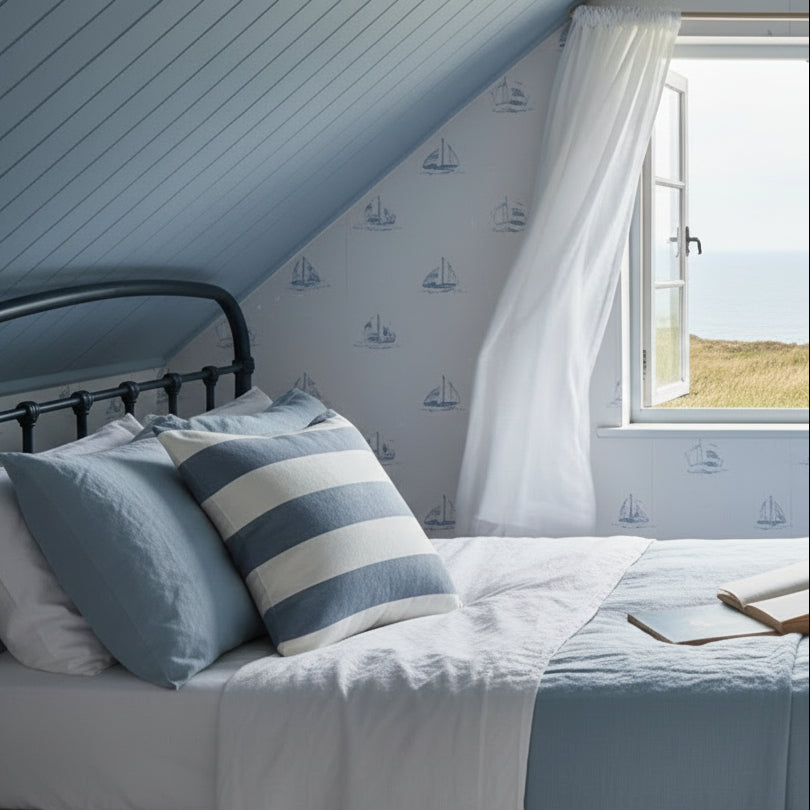 Striped pillow with blue and white horizontal stripes on a white background