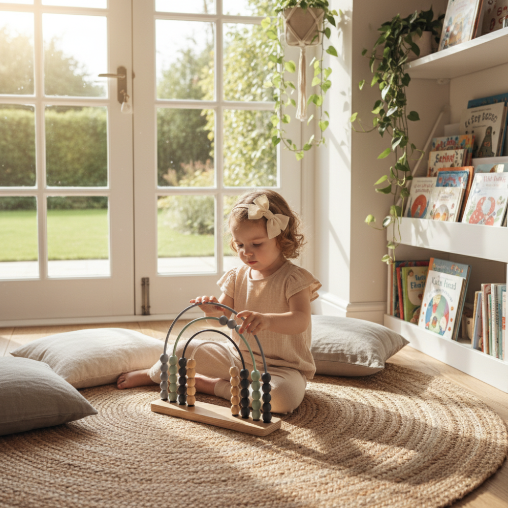 Wooden rainbow-shaped toy with blue and natural beads 