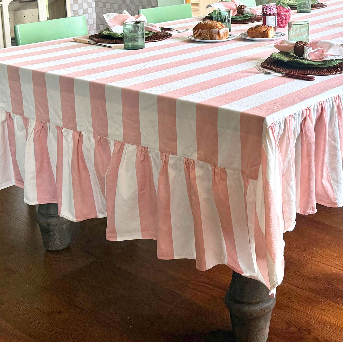 Riviera Ruffled Striped Tablecloth – Petal Pink