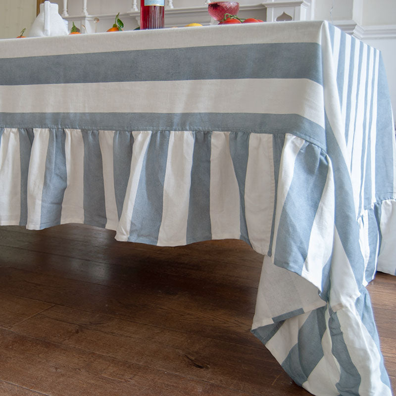 Ruffled Linen Organic Tablecloth with a beautiful blue stripe  Evie & Skye