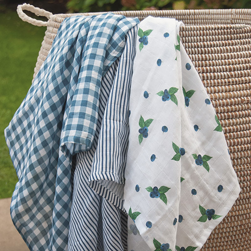 100% certified organic muslin swaddles are lightweight, breathable, and made with no nasties, which makes them beautifully soft and cuddly Blueberry, blue gingham and blue stripe set of 3 muslin squares
